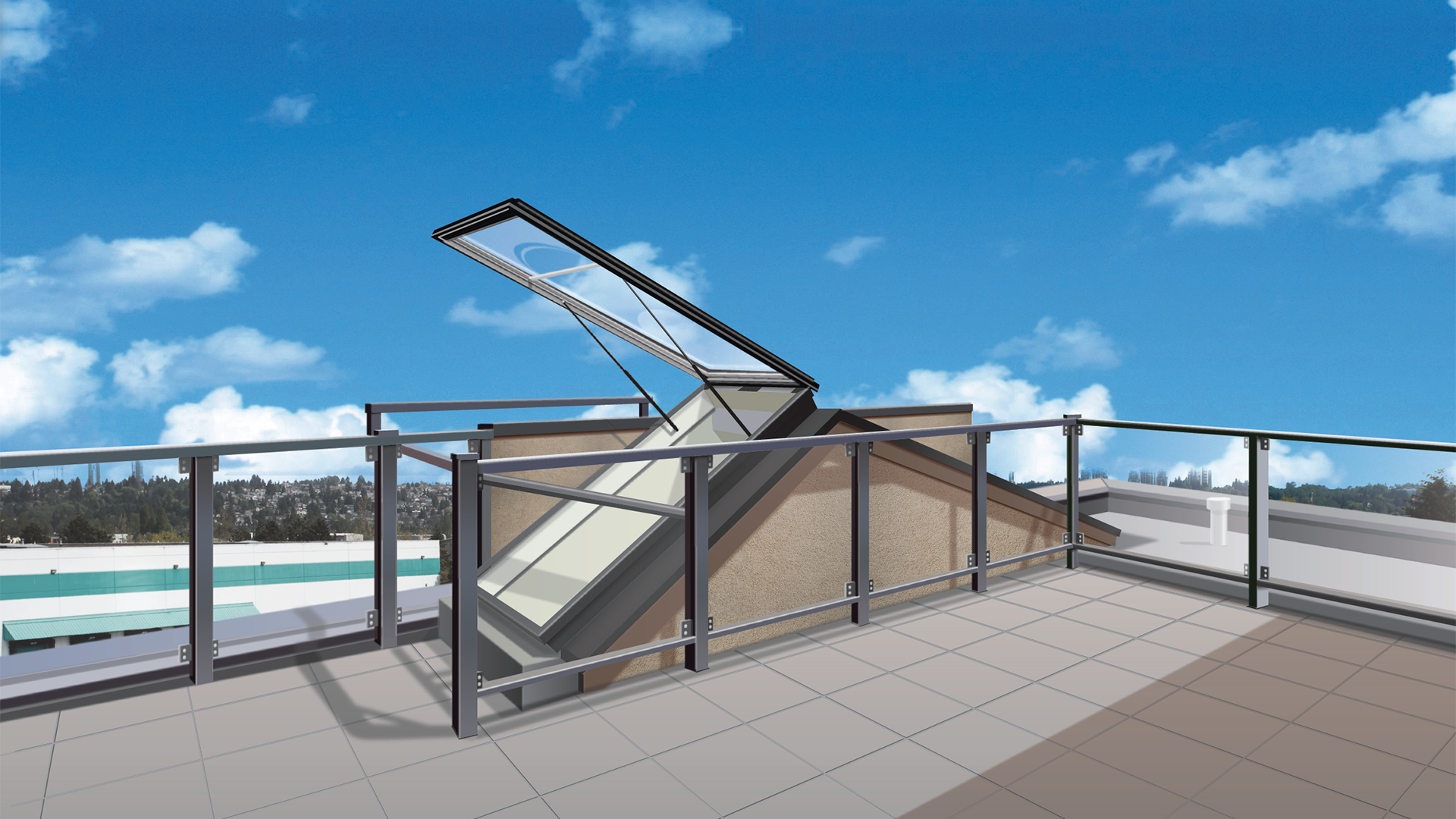 Acrylic glazed RAS Roof Access Door skylight illustration. Canadian made skylight. Skylights made in Canada. Skylights made in Canada. Economical way to gain access to a roof top.