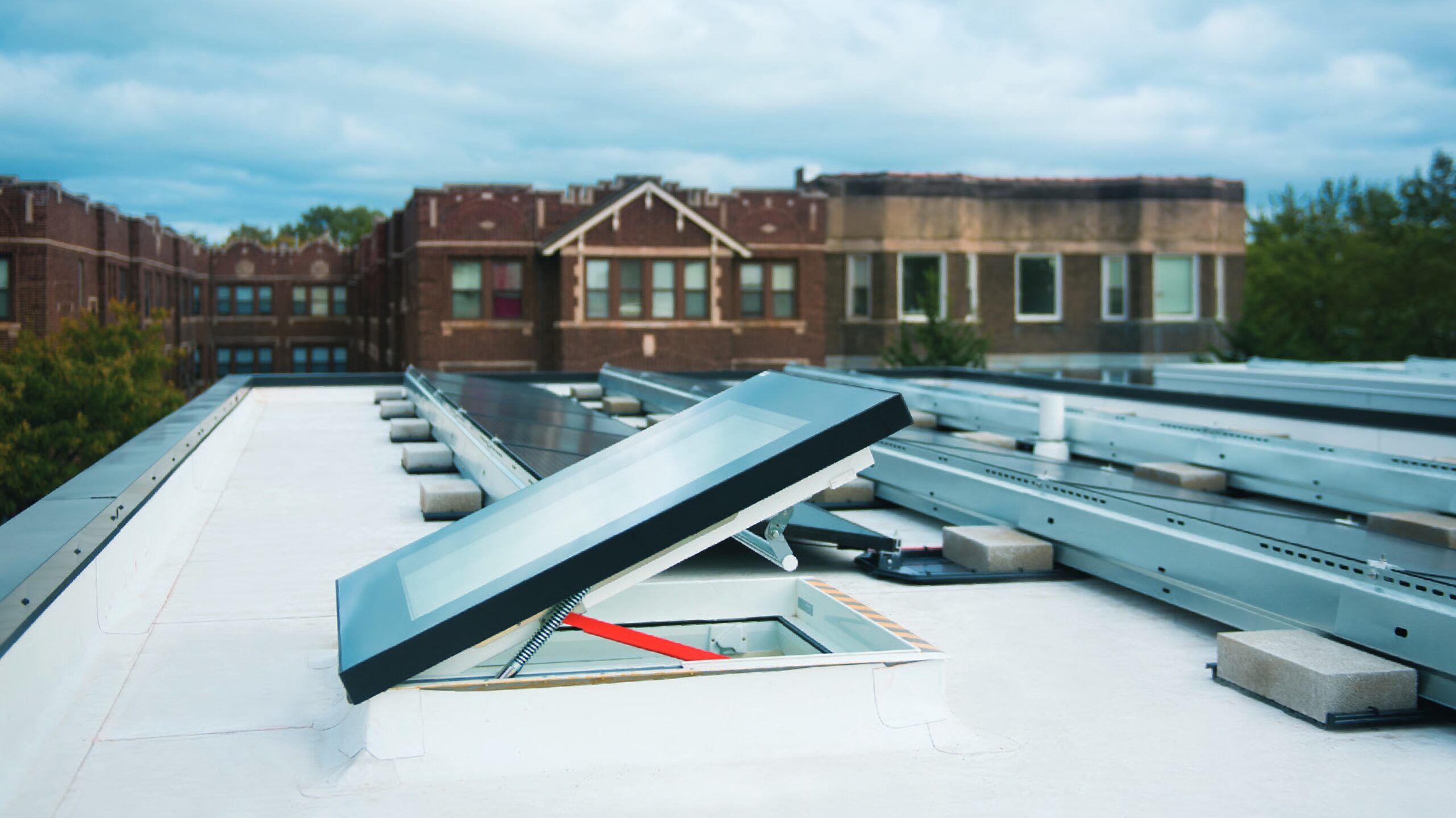 Drf Flat Roof Access Skylight Open Solar Panels Hero