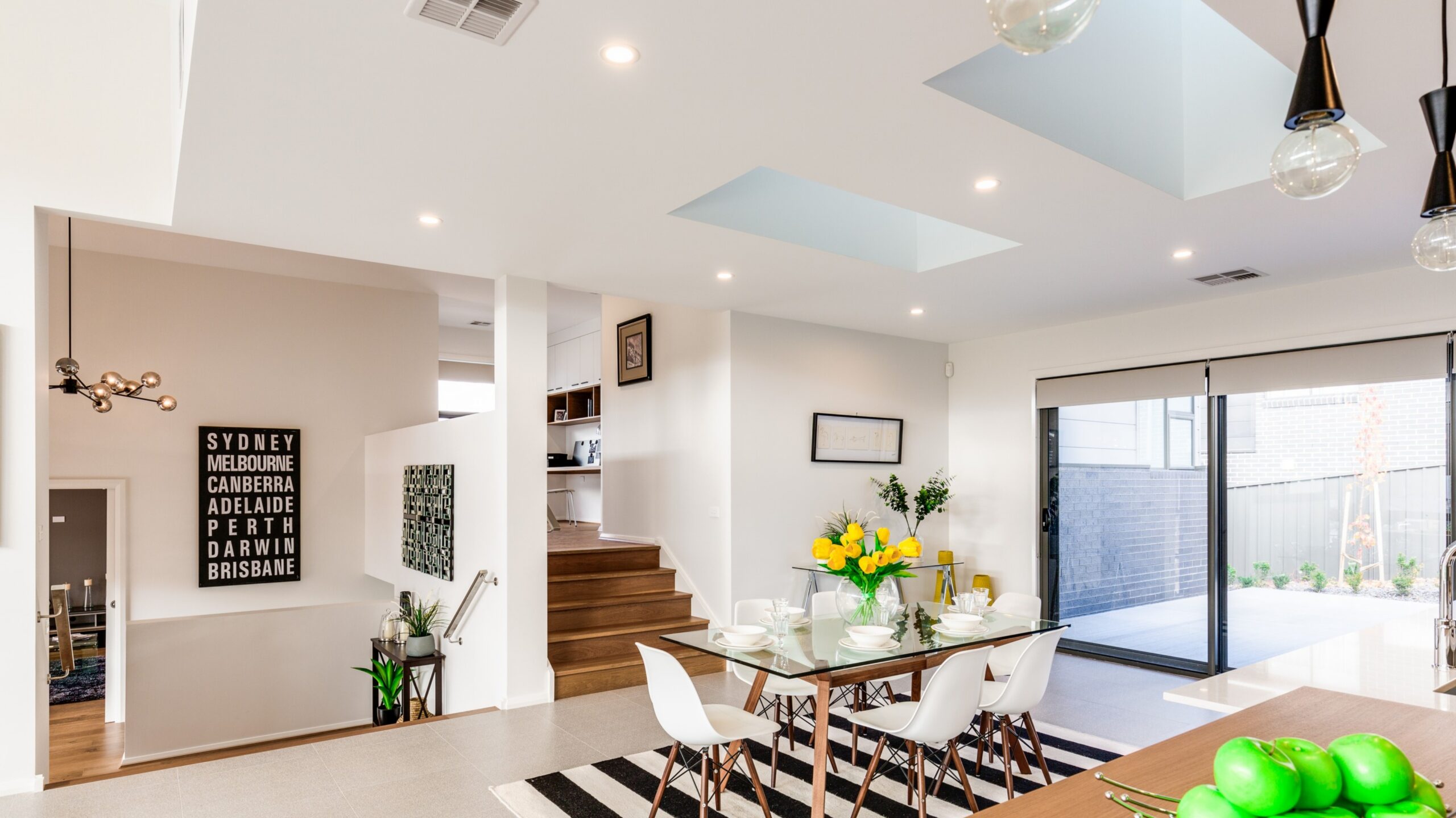Flat roof skylights great room
