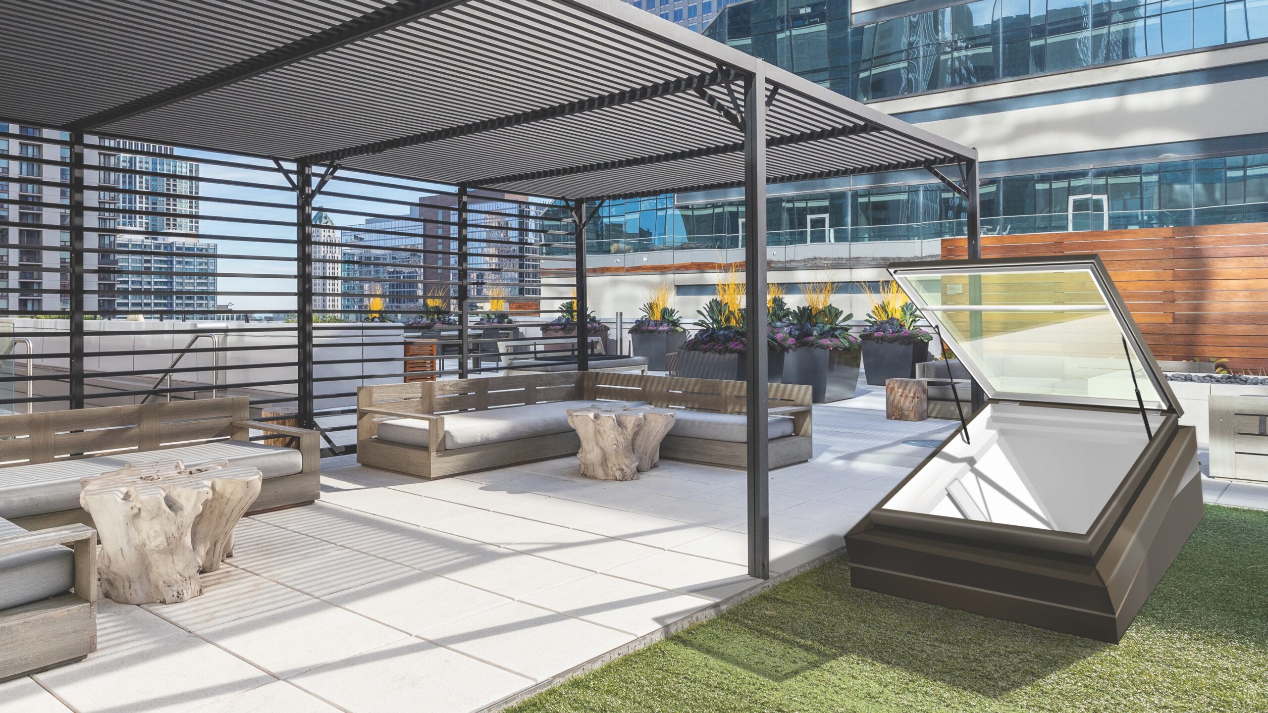 Rooftop patio with roof access skylight hero